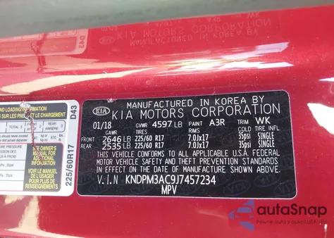 2018 Kia Sportage Lx z USA, uszkodzony, nr VIN KNDPM3AC9J7457234